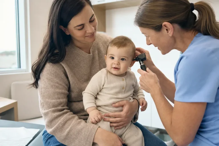 A clinician gently checks a baby's ear while the baby sits on her mother's lap in a bright exam room