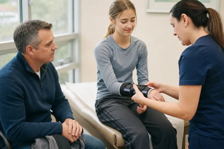 A clinician checks a padded wrist splint on a teenage athlete while her father waits beside her