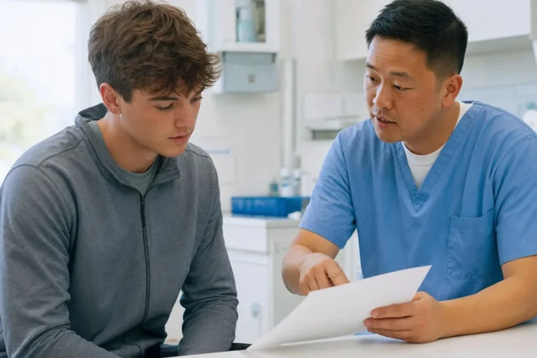 A college athlete talks with a clinician about medicines and sport rules in a bright exam room