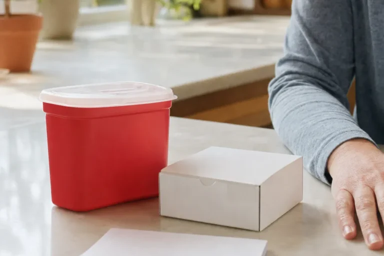 Red sharps disposal container with a closed lid on a home kitchen counter next to a pharmacy box