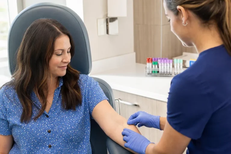 Medical assistant placing a bandage on a patient's arm after a blood draw in a bright urgent care room