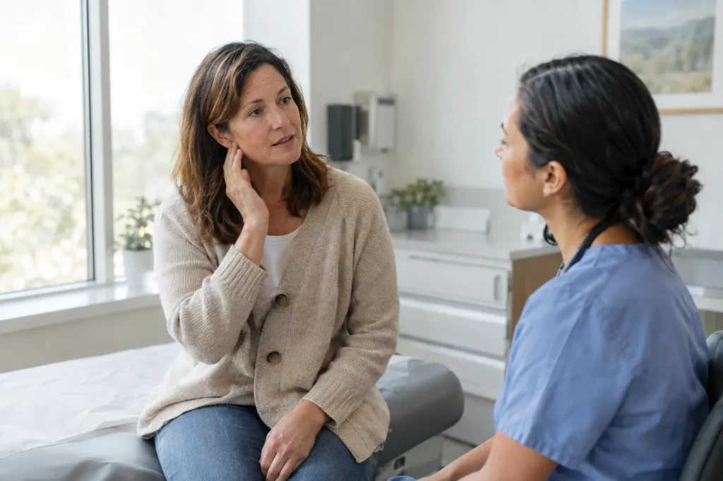 Adult patient describing ear and jaw pain to a clinician in a bright urgent care exam room