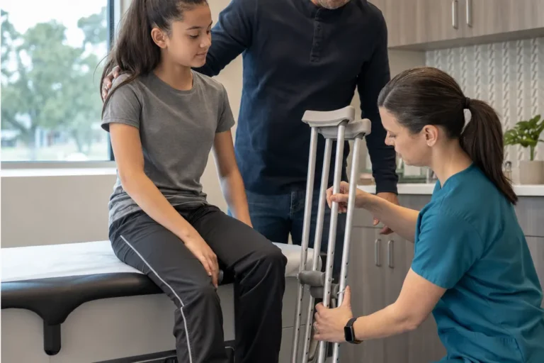 Middle school athlete with a splinted ankle being fitted for crutches by a clinician at an urgent care