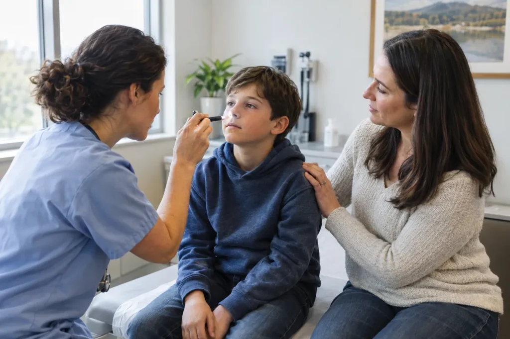 Clinician using a penlight to check a young boy's nose as his mother sits beside him in an urgent care room