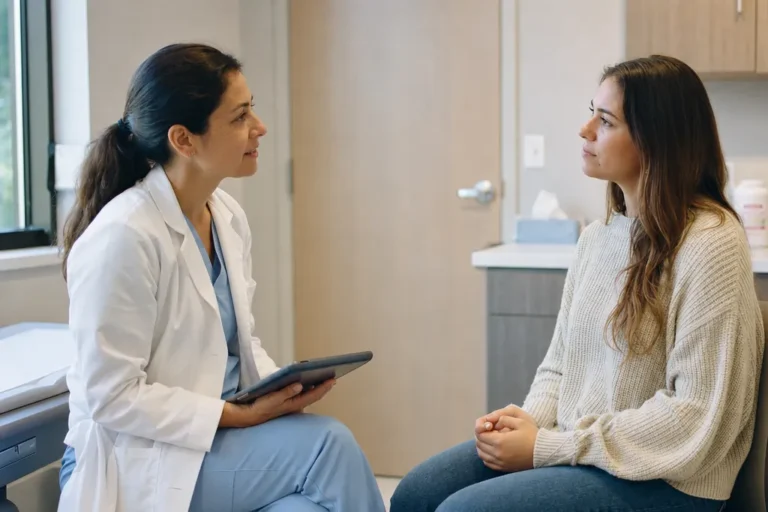 Clinician talking privately with a young woman in a quiet, closed-door urgent care exam room