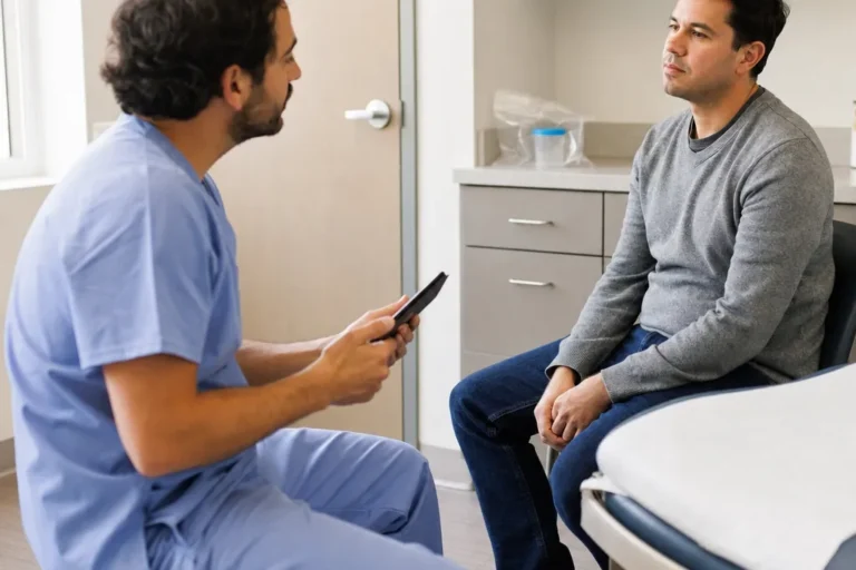 Provider in scrubs talking privately with an adult patient in a bright urgent care exam room