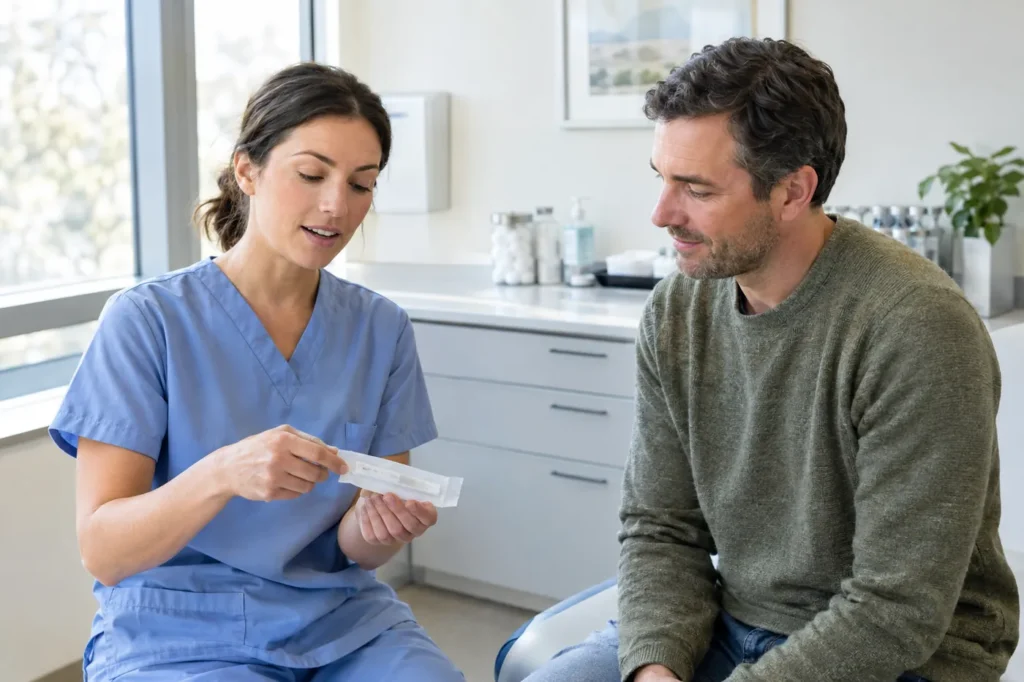 Nurse explaining a rapid test kit to an adult patient in a bright urgent care exam room