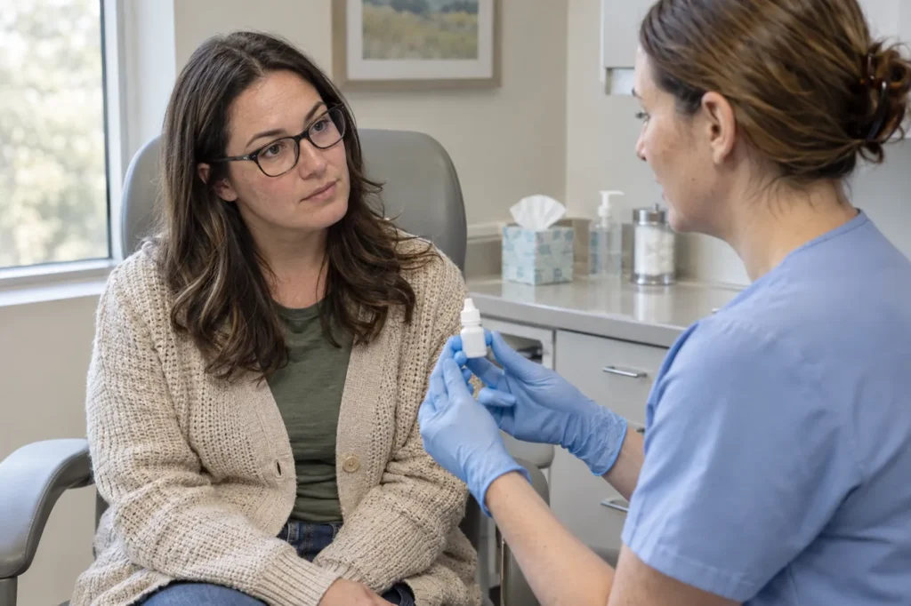 Clinician holding a small eye drop bottle explains its use to a woman wearing glasses in an exam room