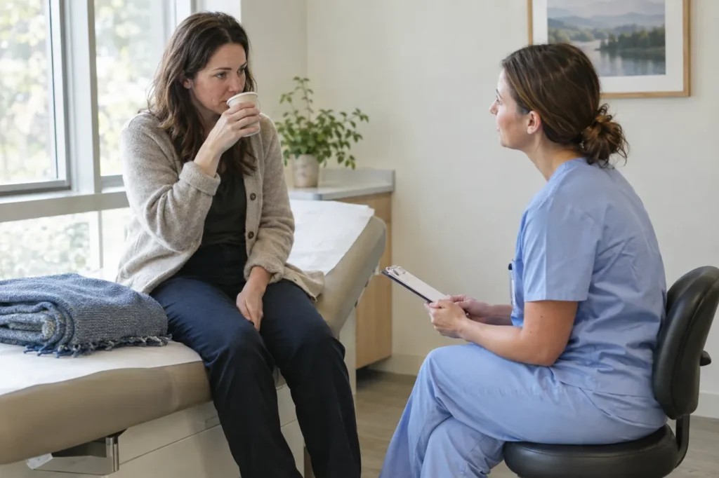 Adult patient with a fever sipping water while a clinician talks with her in a bright urgent care exam room