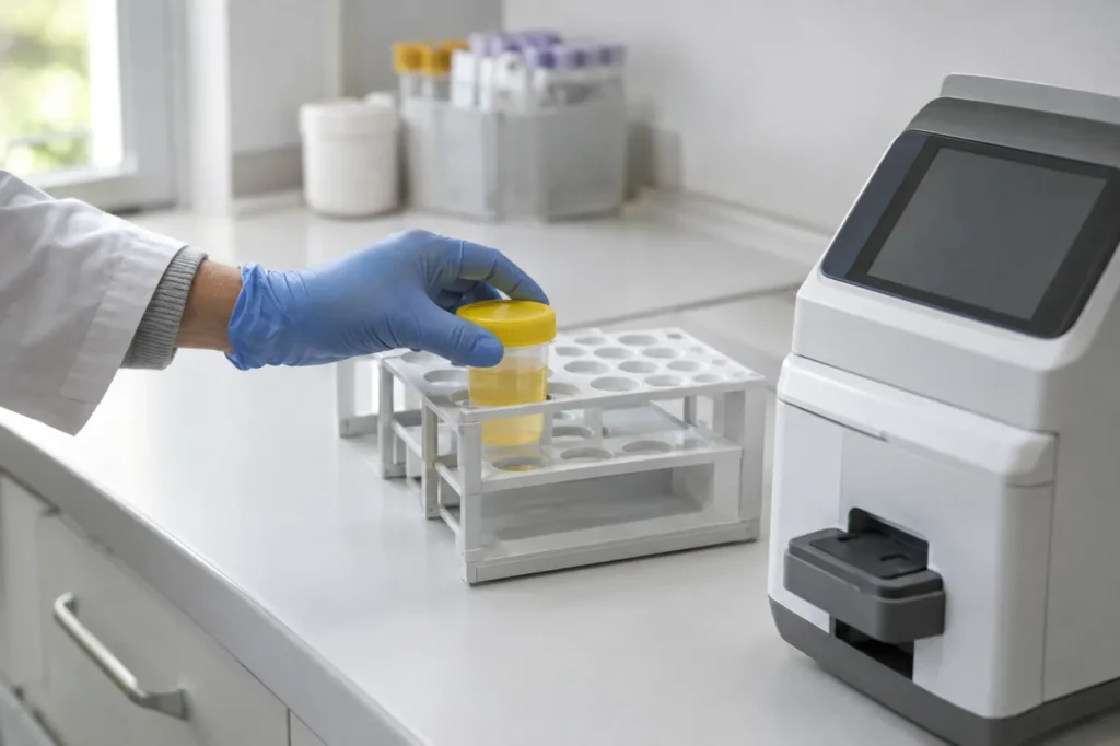 Gloved hand placing a capped urine sample cup into a rack on a clean clinic lab counter
