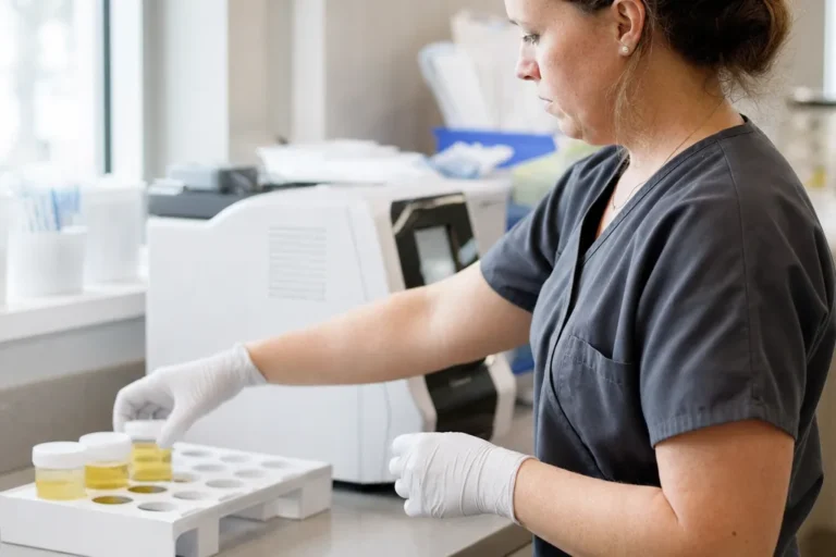 Gloved medical assistant placing a capped urine sample cup in a rack for on-site urinalysis