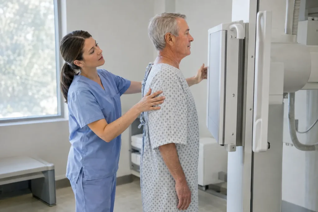 Technologist positions an older man at an upright X-ray panel for a chest X-ray
