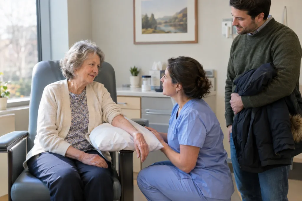 Clinician talking with an older woman resting her forearm on a pillow as her adult son stands nearby