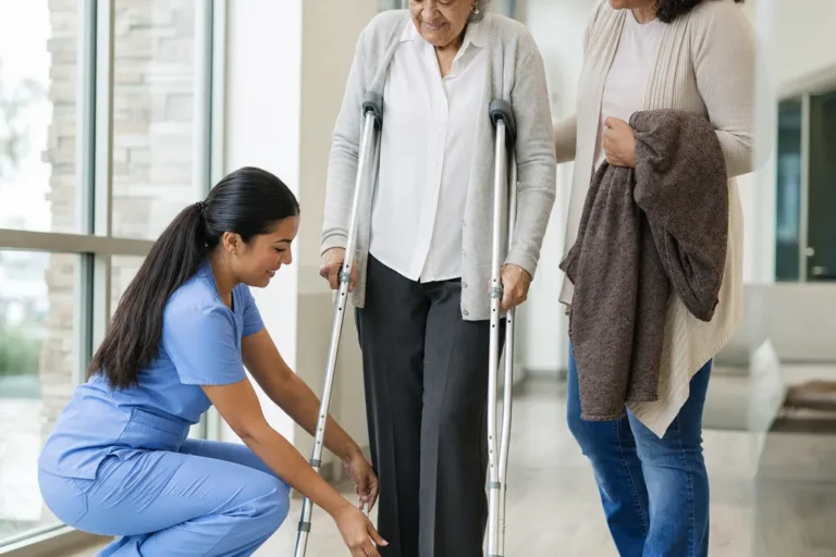 Clinician adjusting crutches for an older woman as her daughter looks on in a bright clinic hallway