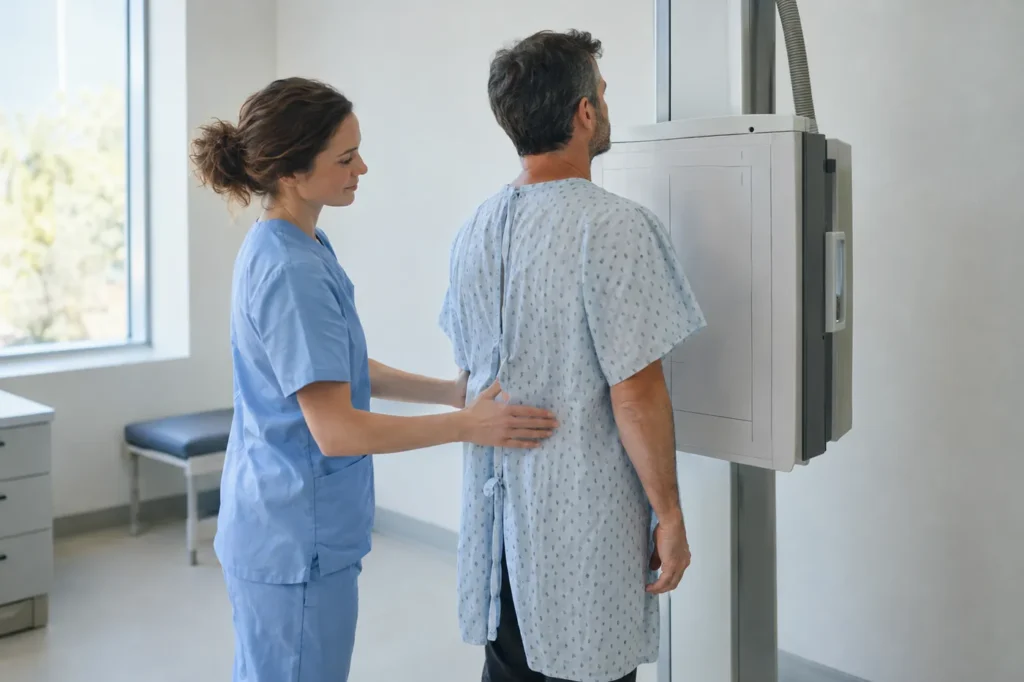 Staff member helping a man stand at a chest X-ray panel in a bright urgent care X-ray room