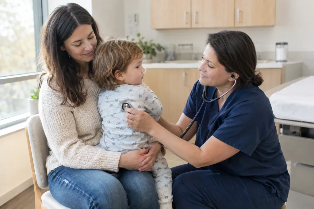 Clinician listens to a toddler's breathing with a stethoscope while a parent holds the child in a bright exam room