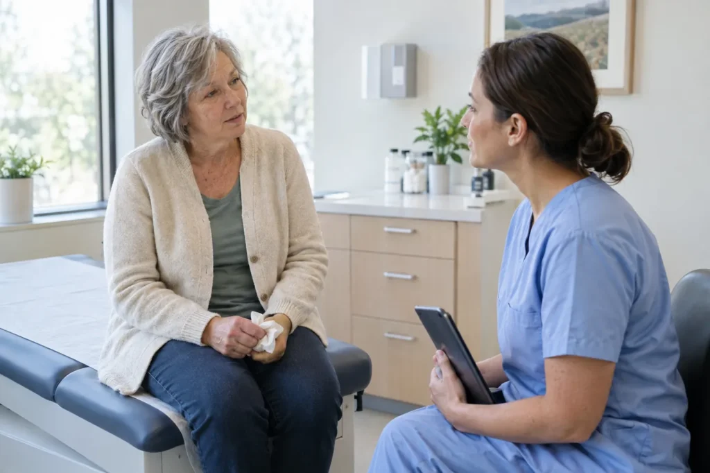 Older woman with a cold talks with a clinician in a bright urgent care exam room