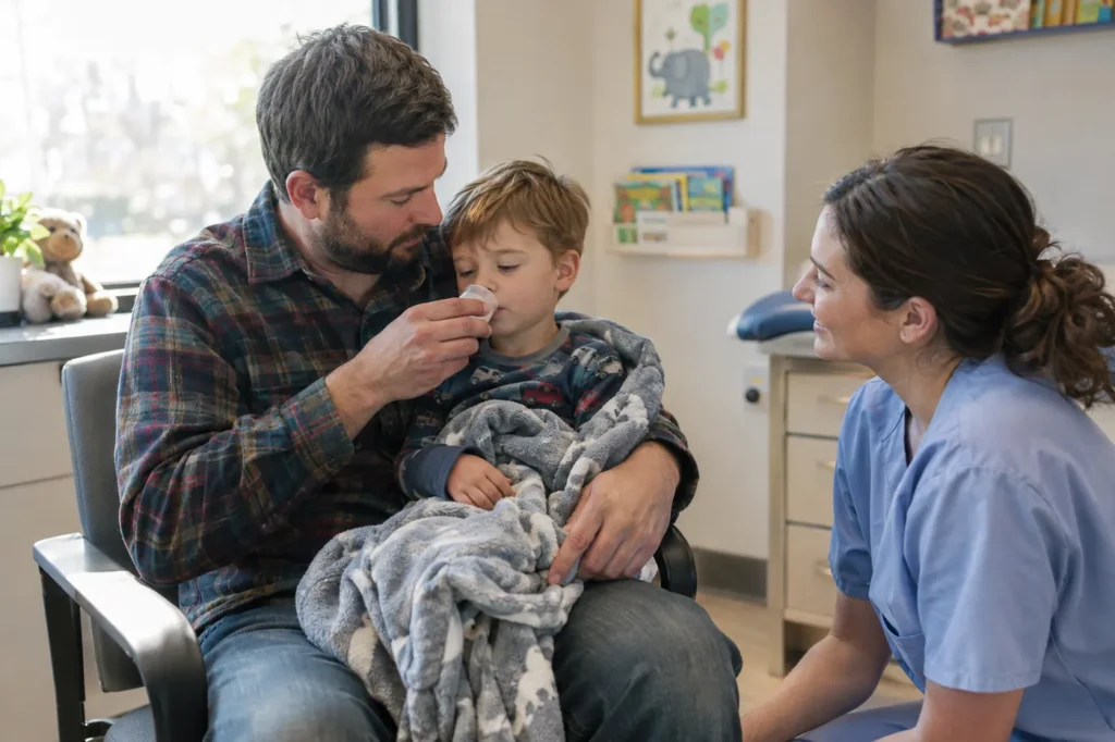 Father giving his sleepy toddler small sips of fluid while a clinician talks with them at an urgent care clinic