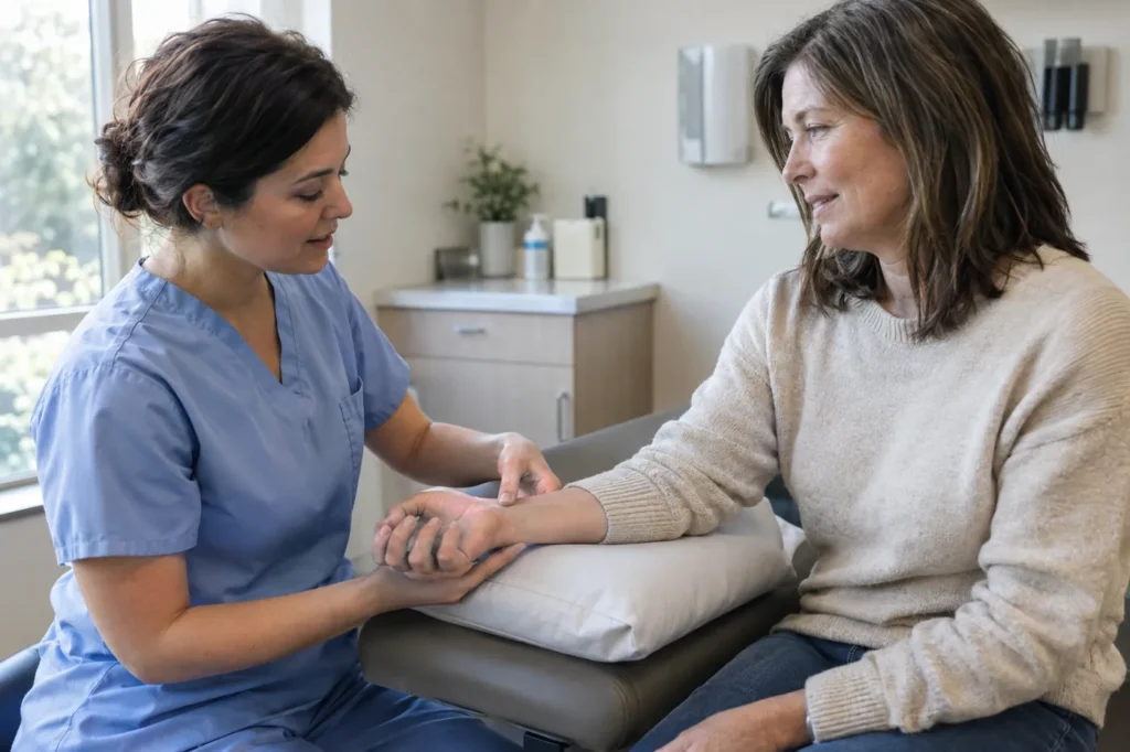 Clinician gently examining an adult patient's sore wrist resting on a pillow during an urgent care visit