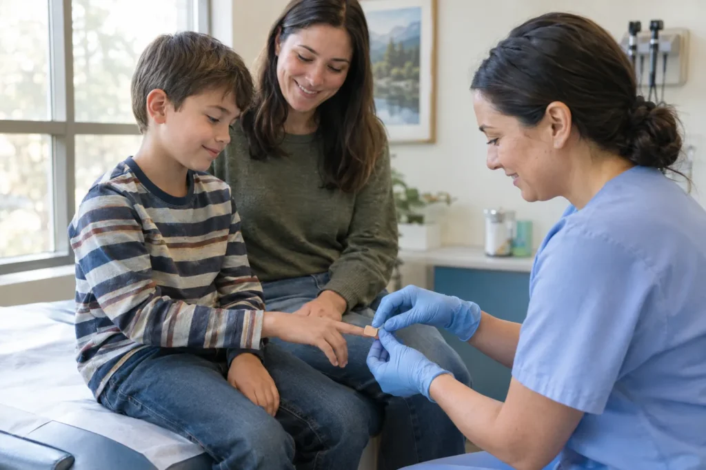 Clinician placing a small bandage on a boy's finger while his mother holds his other hand