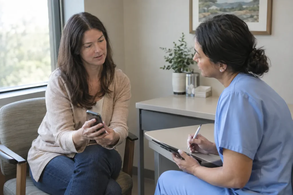 Adult patient shows a clinician a phone photo of her rash while the clinician takes notes