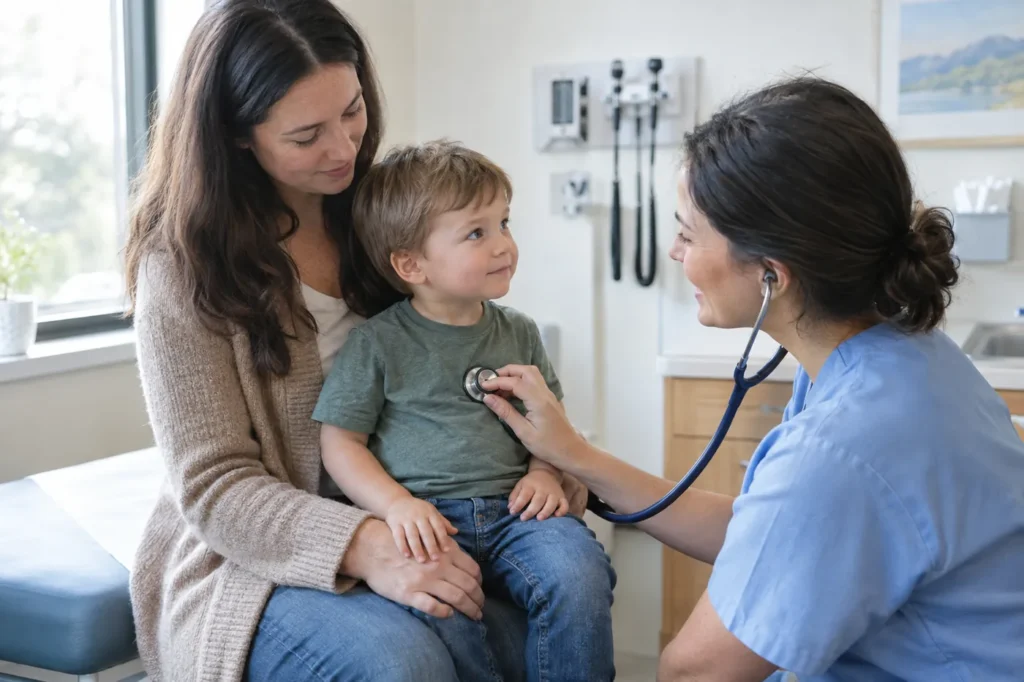 Clinician listening to a toddler's breathing with a stethoscope while the child sits on a parent's lap