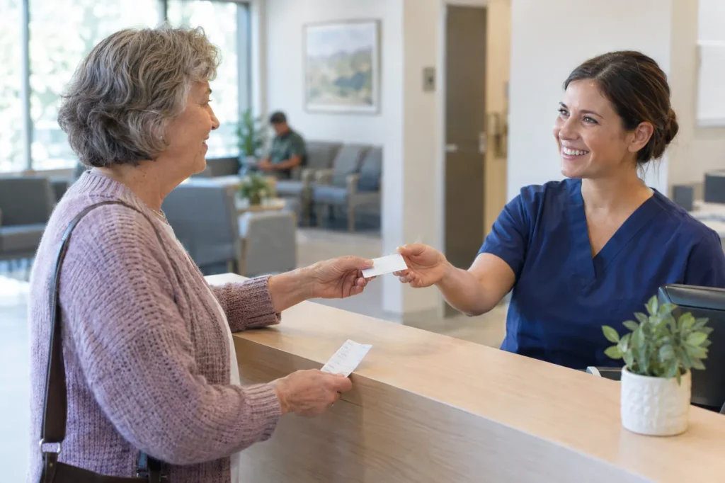 Older woman handing her card to a receptionist at a bright urgent care front desk during check-in