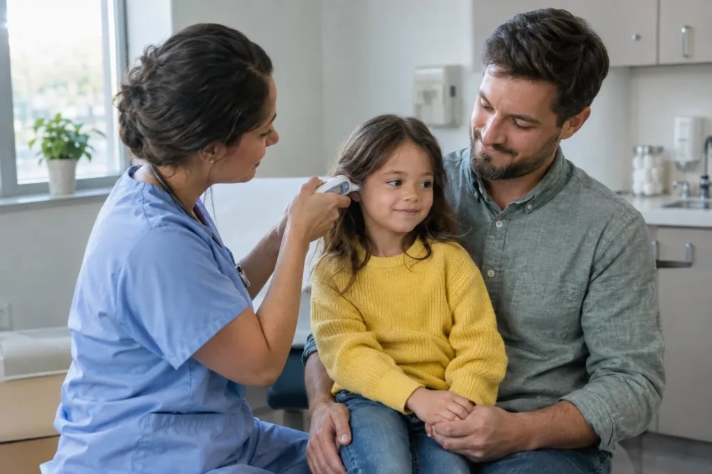 Nurse checking a young girl's temperature while she sits on her father's lap at an urgent care clinic