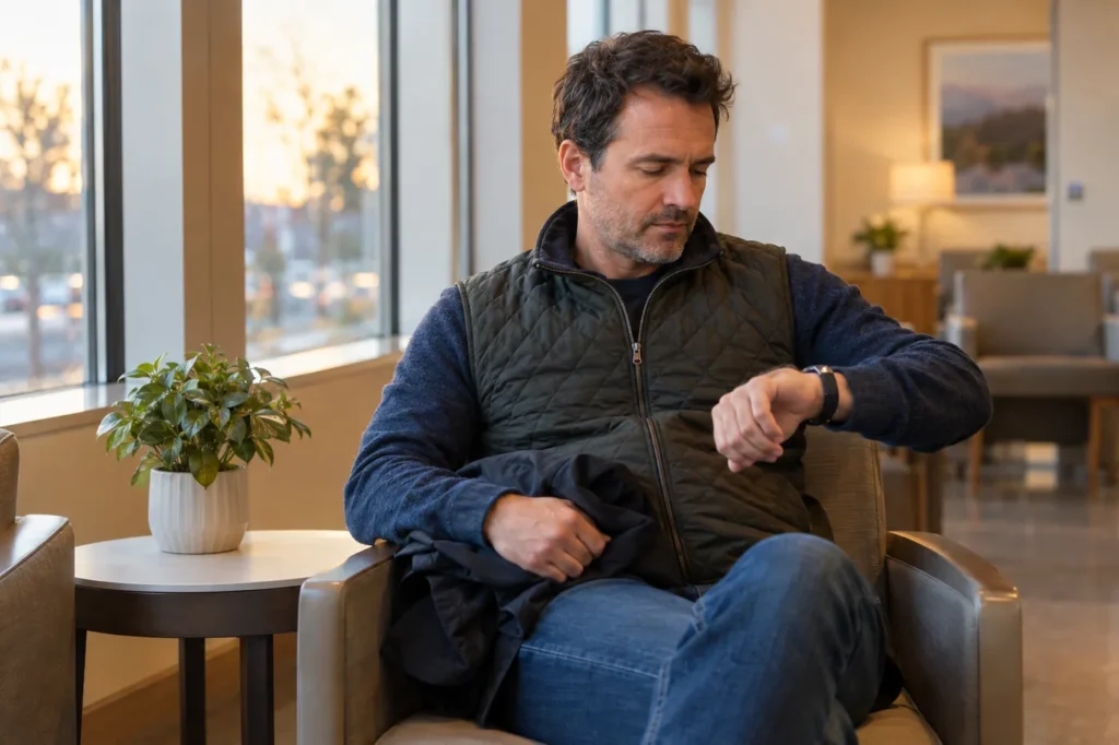 Man checking his watch while waiting in a modern urgent care waiting room in the early evening