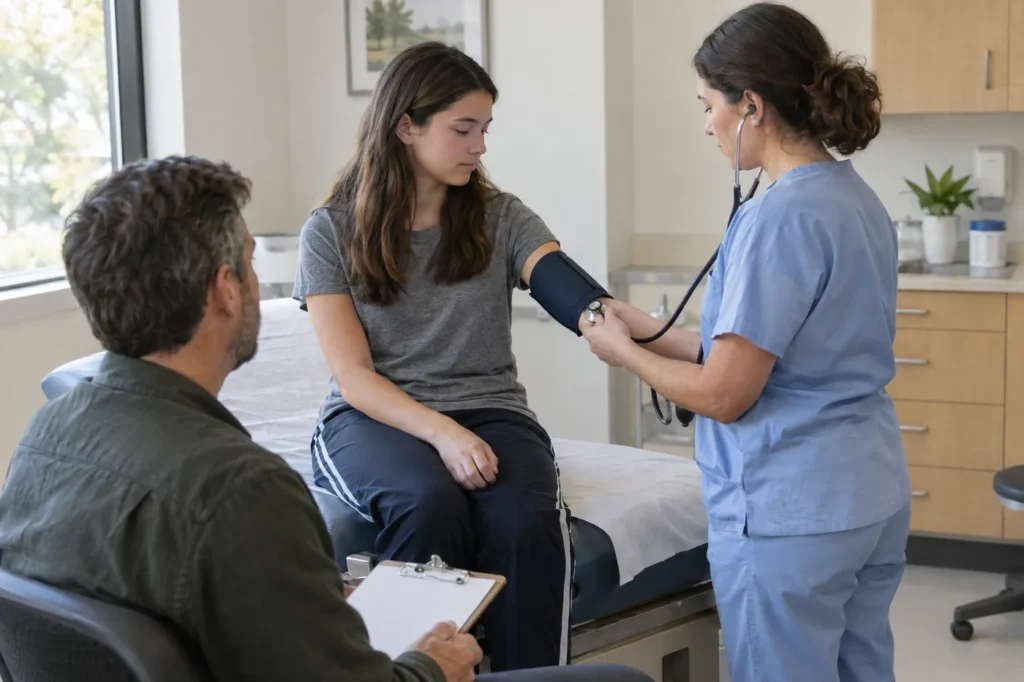 A clinician checks a teen athlete's blood pressure during a sports physical while her father waits nearby