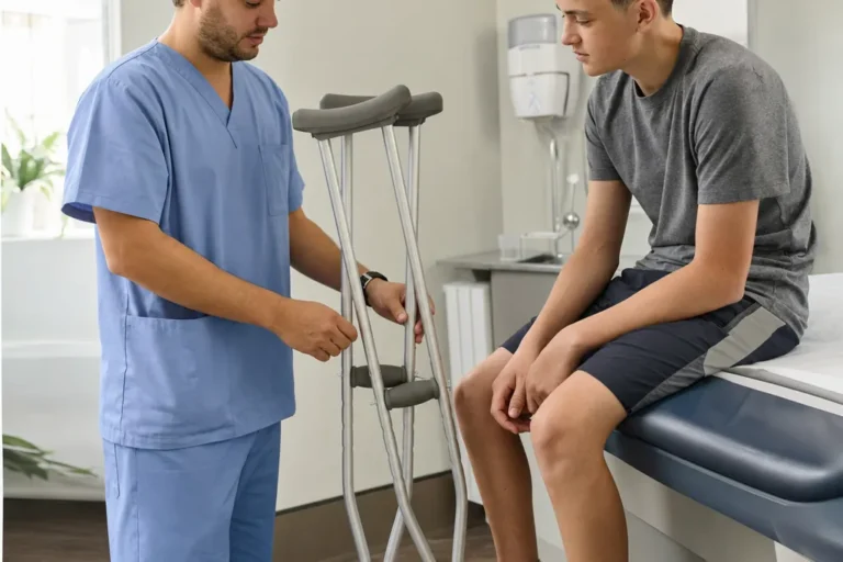 A clinician fits crutches for a teenage boy with a wrapped ankle in an urgent care exam room.