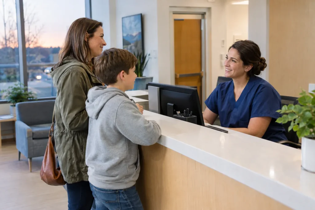 Mother and son checking in at the front desk of a bright urgent care clinic in the early evening