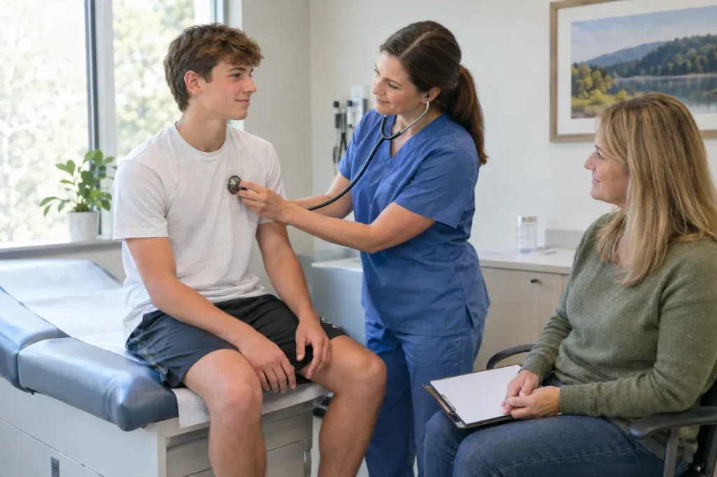 Clinician listening to a teen athlete's breathing during a sports physical while a parent holds a form