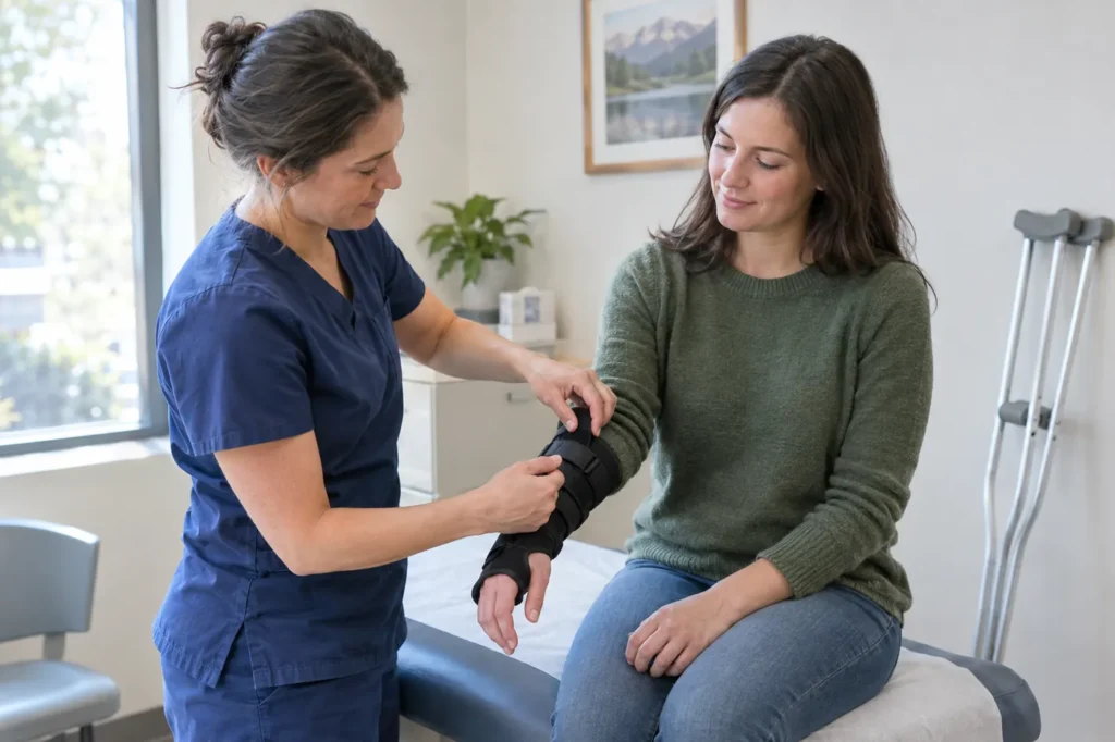 Clinician fitting a wrist splint on a woman seated on an exam table, with crutches leaning against the wall