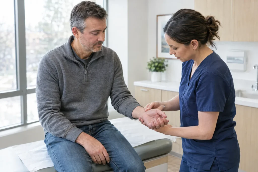 A provider examines a man's sore wrist in a bright, modern urgent care exam room