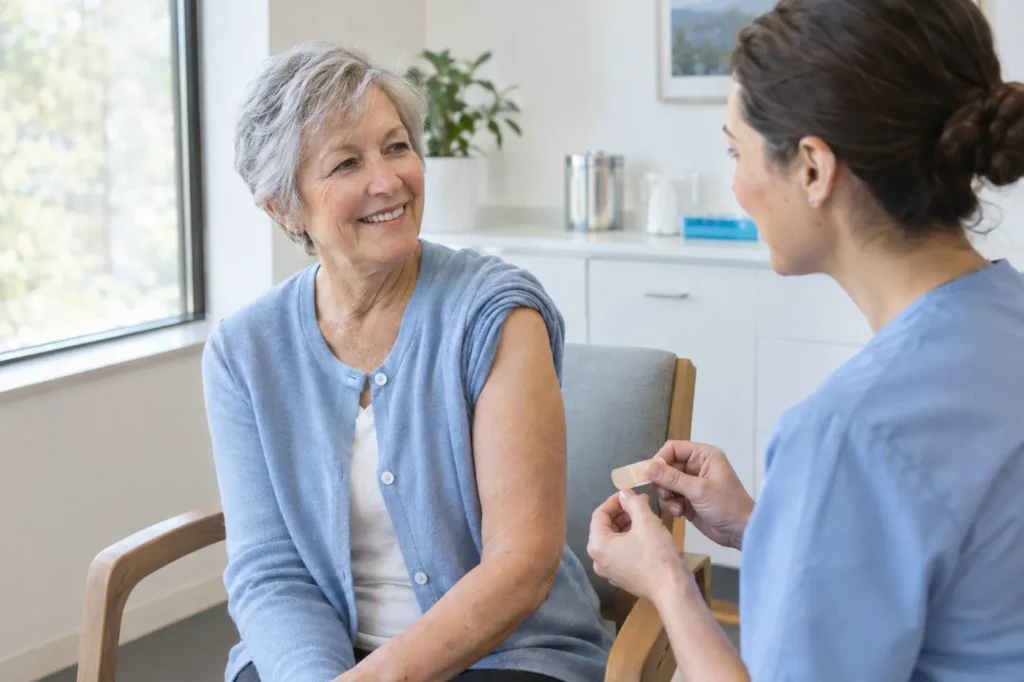 An older woman chats with a nurse after a flu shot in a bright, modern clinic room