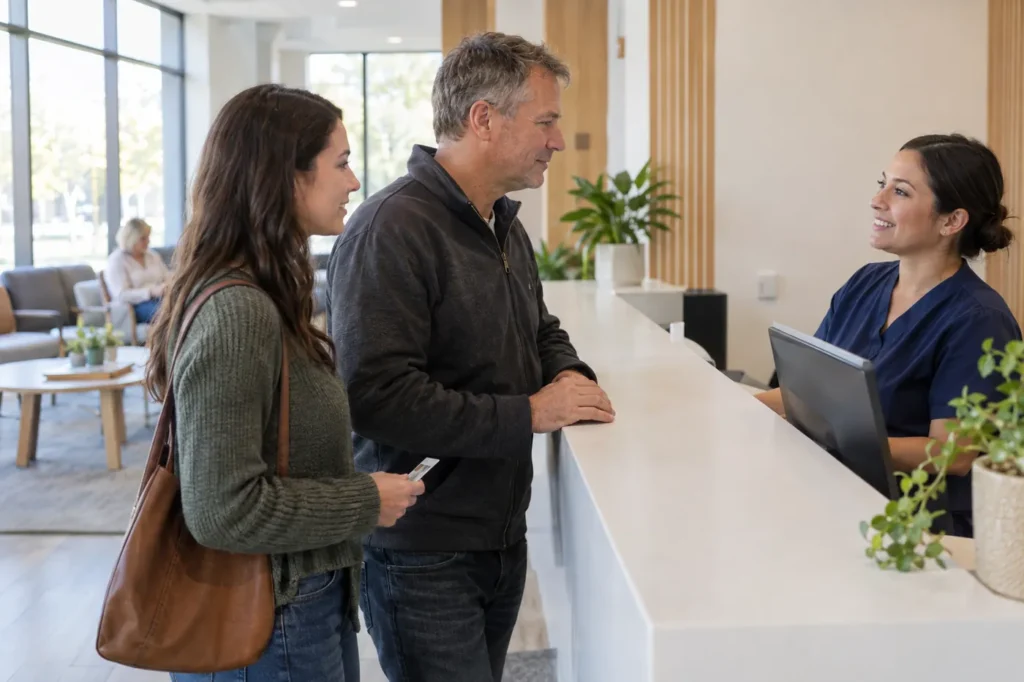 A man and his adult daughter check in at the front desk of a bright, modern urgent care clinic
