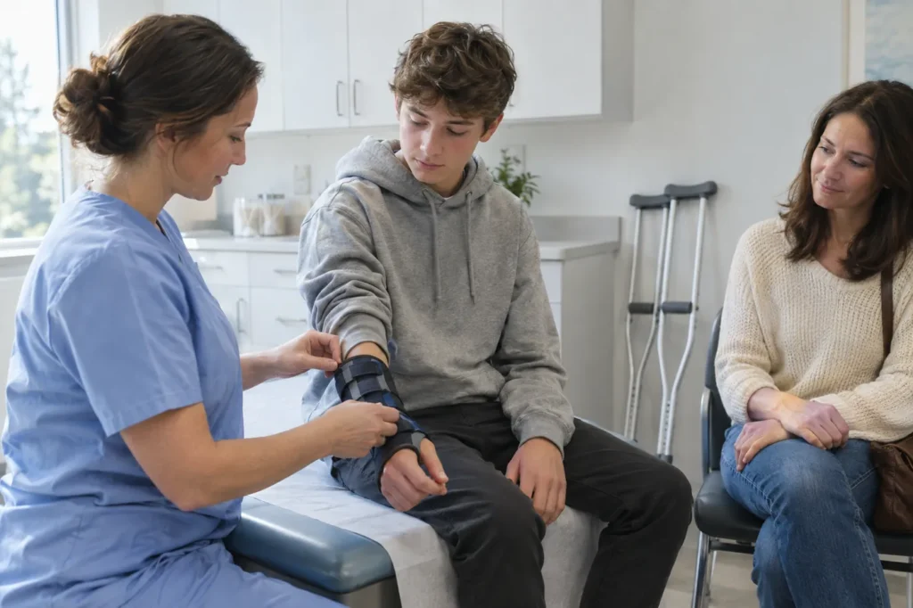 A clinician fits a wrist splint on a teenage boy while his mother waits nearby in a bright exam room