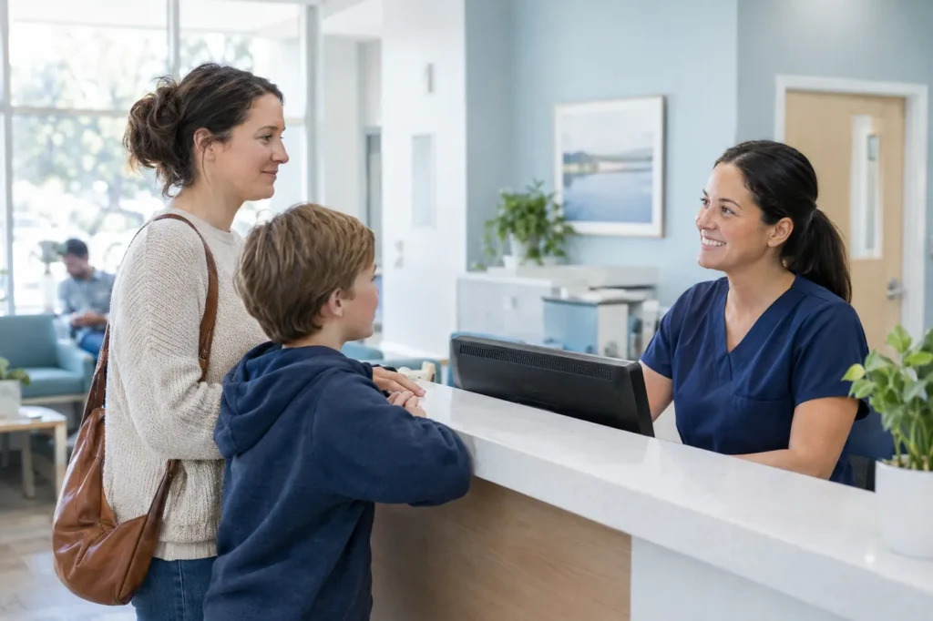 Parent and child checking in at the front desk of a bright walk-in urgent care clinic