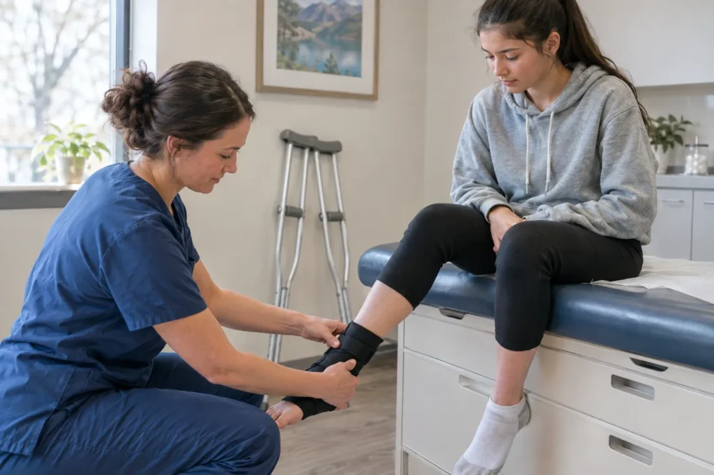 Clinician fitting an ankle splint on a teen patient in an urgent care exam room, crutches nearby
