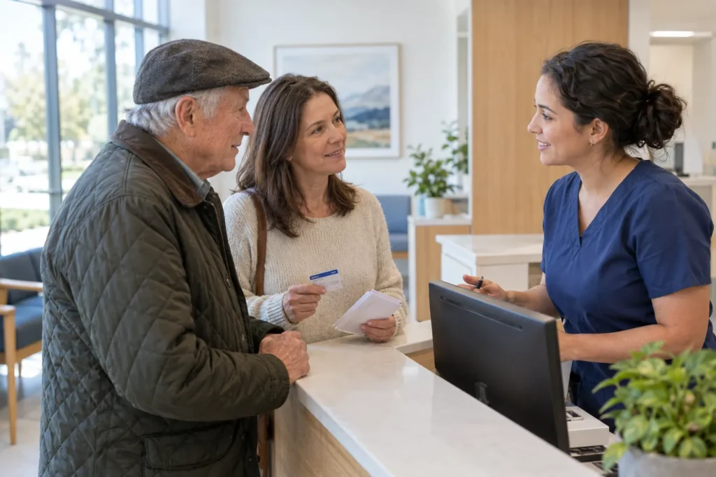 Older man and his adult daughter checking in at the front desk of a bright urgent care clinic