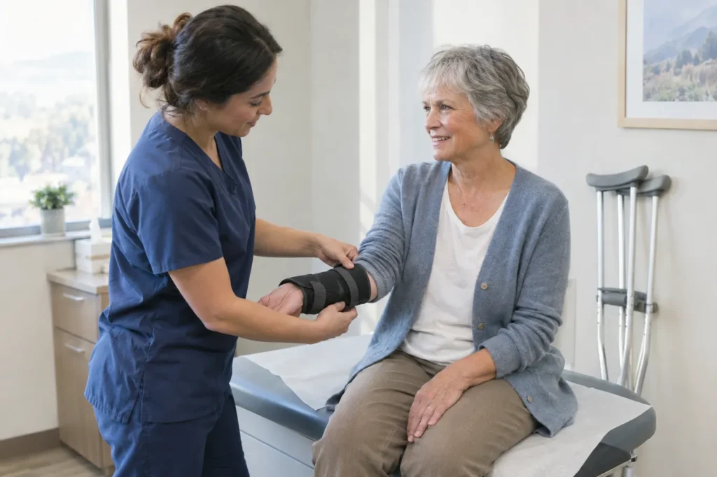 Clinician fitting a wrist splint on an older woman seated on an exam table in a bright clinic room