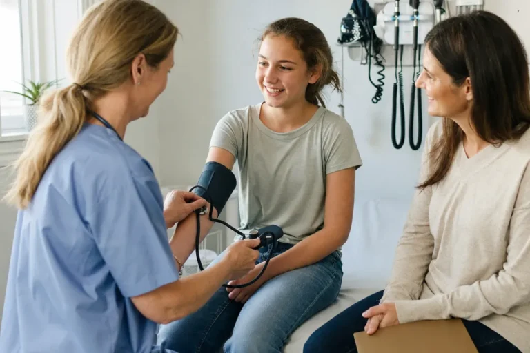 Clinician checking a middle school girl's blood pressure during a school physical as her mother watches