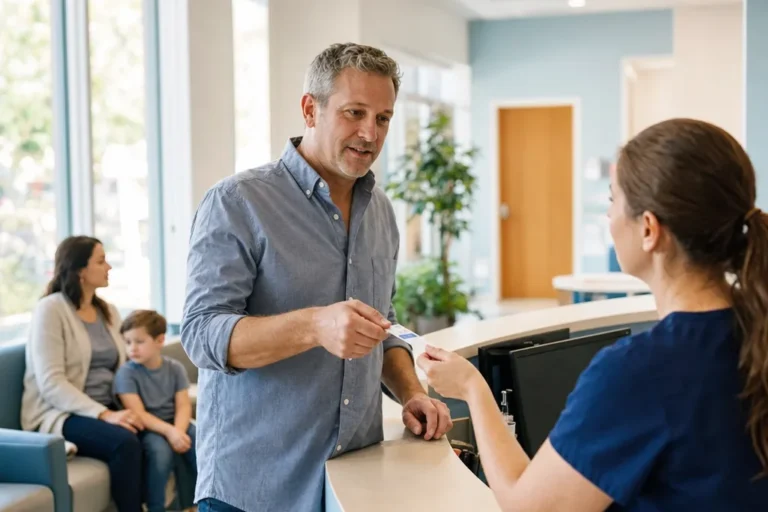 Front desk staff member greeting a patient at a bright urgent care clinic while a parent and child wait nearby