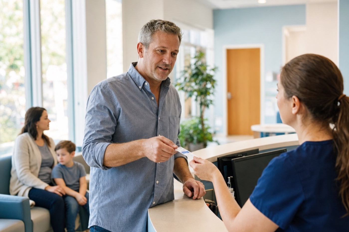 Front desk staff member greeting a patient at a bright urgent care clinic while a parent and child wait nearby