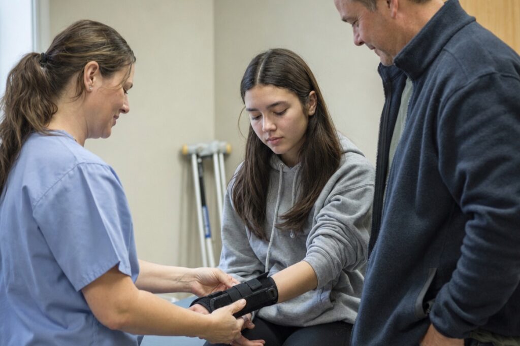 Clinician fitting a wrist splint on a teenage patient in an urgent care exam room as her father looks on