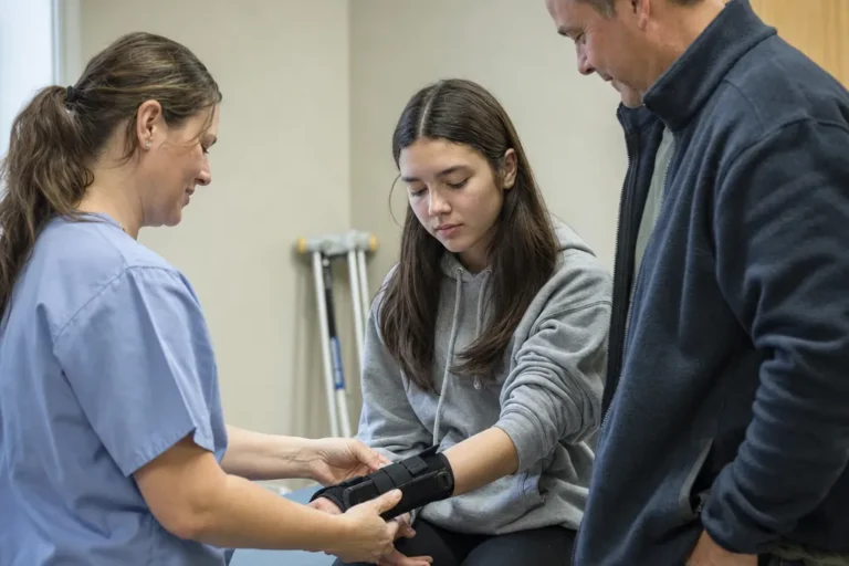 Clinician fitting a wrist splint on a teenage patient in an urgent care exam room as her father looks on