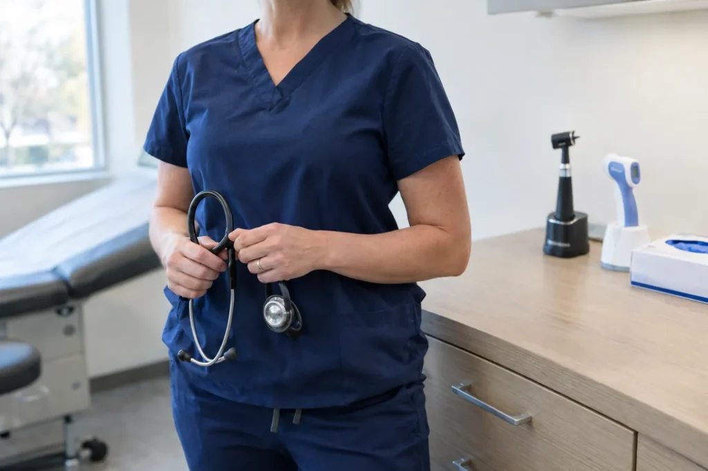 Profesional de la salud con uniforme azul marino sostiene un estetoscopio junto a un mostrador ordenado del consultorio