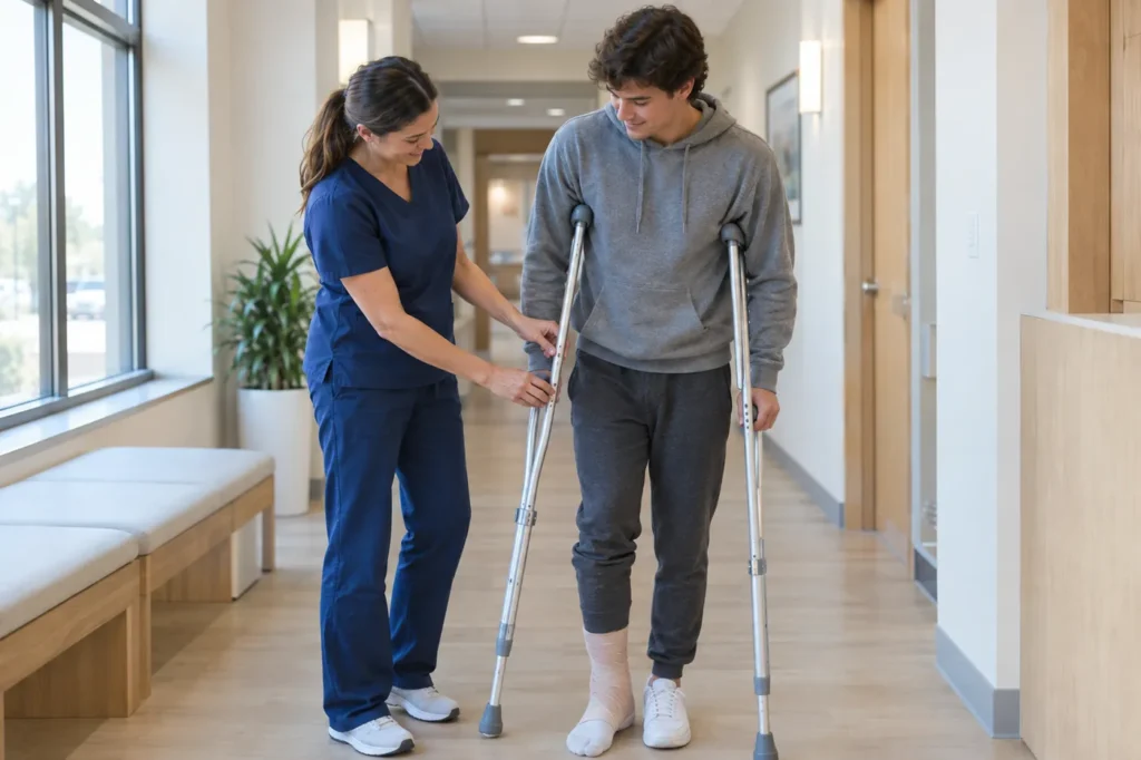 Profesional de la salud ajusta unas muletas para un joven con el tobillo vendado en un pasillo luminoso de la clínica