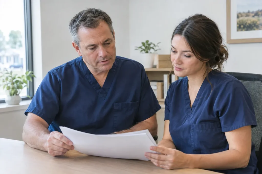 Two clinic staff members in navy scrubs reviewing printed pages together at a wooden desk